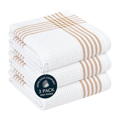 Brown and White Cotton Kitchen Towels 3 Pack, Waffle Weave, 16x26 Inch, Super Absorbent, Reversible, Quick Dry Dishcloths for Drying Dishes, Cleaning, Reusable, Everyday Use - color: Brown, White, style: 3 Pack
