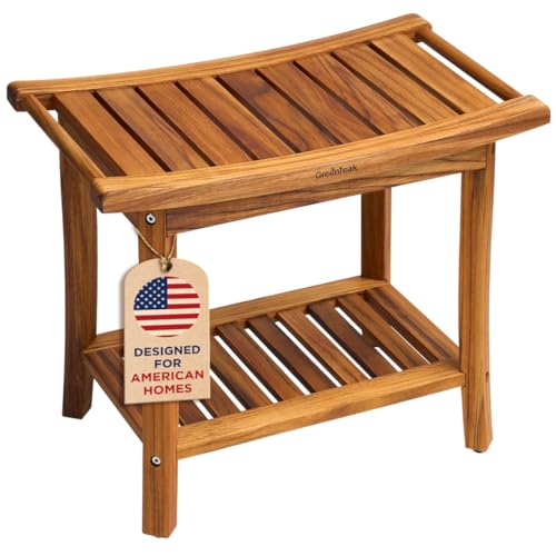 Premium 22" Teak Wood Shower Bench with Shelf, 2-Tier Waterproof | Teak Shower Stool, Non-Slip Feet for Enhanced Safety, Spa Bath Seat for Bathroom, Indoor & Outdoor Use, 300 lb Capacity