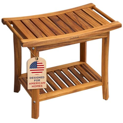 Premium 22" Teak Wood Shower Bench with Shelf, 2-Tier Waterproof | Teak Shower Stool, Non-Slip Feet for Enhanced Safety, Spa Bath Seat for Bathroom, Indoor & Outdoor Use, 300 lb Capacity