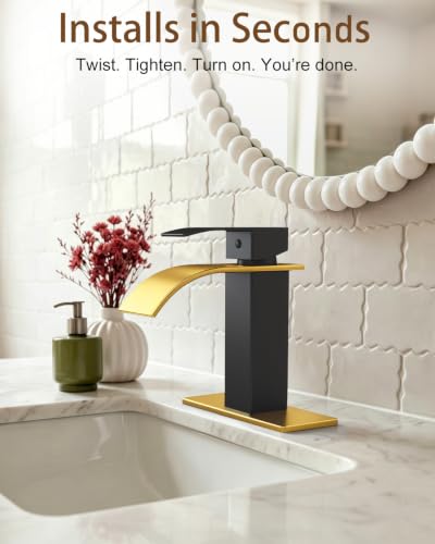 Waterfall Single Handle Bathroom Sink Faucet with Drain BlackGold | Black Gold Vanity Faucet with Pop-up Drain, Ceramic Valve, for 1 or 3 Hole Modern Bathrooms. - color: Black Gold