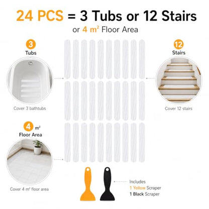 12/24 Pcs Anti-Slip Shower Strips, PEVA Bathtub Treads, Clear, 24 Pieces | 12/24 Pcs Anti-Slip Shower Strips. With Scraper, Stairs. For practical routines at home, work, school, travel, storage. - color: Transparent-straight Line 24