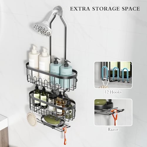 CICUFY Shower Caddy Hanging, Rustproof Bathroom Shower Organizer Hanging, No Drilling Over the Shower Head Caddy with Hooks for Razor, Shower Shampoo Holder with Soap Basket, Black