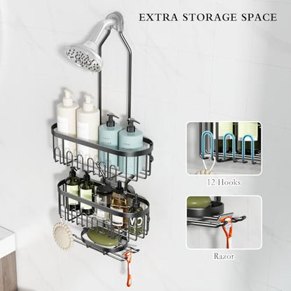 CICUFY Shower Caddy Hanging, Rustproof Bathroom Shower Organizer Hanging, No Drilling Over the Shower Head Caddy with Hooks for Razor, Shower Shampoo Holder with Soap Basket, Black