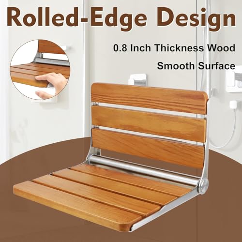 18” Teak Folding Shower Seat Wall Mounted, 400 lbs Heavy Duty Fold Down Shower Bench, Space Saving Bathroom Shower Chair with Stainless Steel Frame, Non-Slip Spa Seat for Elderly & Small Spaces - color: Yellow, size: 18 inchs