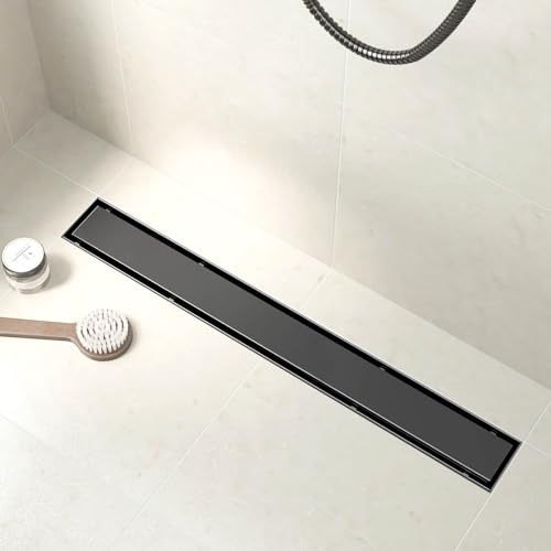 SaniteModar 24 inch Linear Shower Drain Matte Black with Tile Insert Grate | AISI 304 Stainless Steel Brushed Shower Floor Drain Rectangle Linear Drain with Hair Fliter and Adjustable Feet - color: Matte Black, size: 24 inch