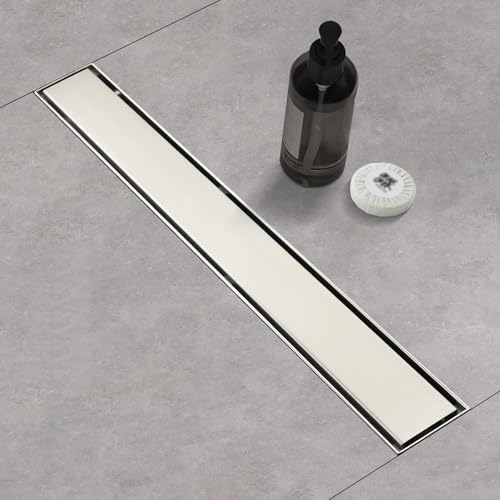 Linear Shower Drain ，48 Inch Brushed 304 Stainless Steel Rectangle Shower Floor Drain，with Reversable Tile-inPattern Drain Cover & Hair Catcher, Adjustable Feet - color: Brushed Nickel, size: 48inch
