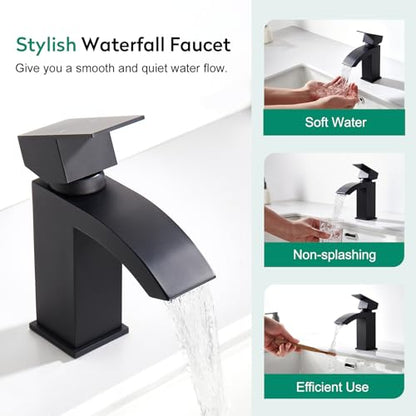 CREA Matte Black Waterfall Bathroom Faucet 1 Hole Single Handle Bathroom Sink Faucet with Pop Up Drain,Stainless Steel RV Vanity Faucet Basin Mixer Tap 3 Hole Plate Water Supply Line - color: Matte Black, style: Rectangular Spout