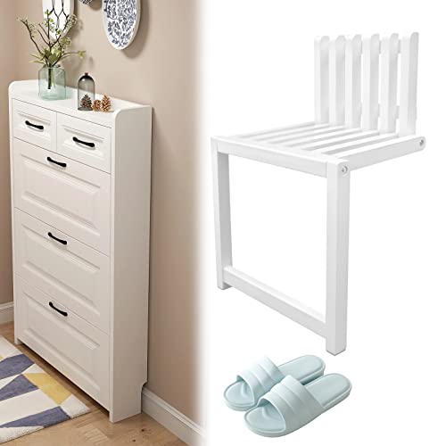 Wall Mounted Folding Chair, 330lbs Ultra Strong Solid Wood Foldable Stool with White Finish, 3cm Slim Space Saving Design for Entryway, Bathroom, Shower, Balcony & Hallway