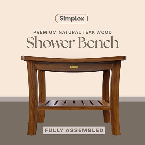 Teak Shower Bench for Inside Shower, Solid Teak Wood Bathroom Bench with Shelf, Waterproof Indoor Outdoor Spa Bench