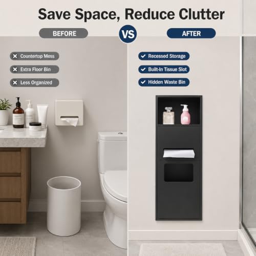Recessed Toilet Paper Holder, Stainless Steel Shower Nich, Waterproof Bathroom Niche, Built-in Hidden Trash Can Tilt Out Trash Bin Cabinet for Kitchen Living Room Bedroom Hotel Residential (Black) - color: Black