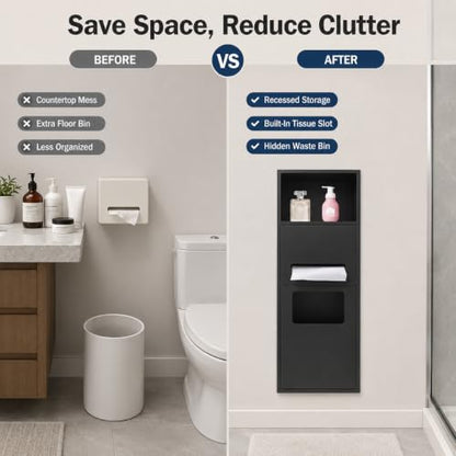 Recessed Toilet Paper Holder, Stainless Steel Shower Nich, Waterproof Bathroom Niche, Built-in Hidden Trash Can Tilt Out Trash Bin Cabinet for Kitchen Living Room Bedroom Hotel Residential (Black) - color: Black