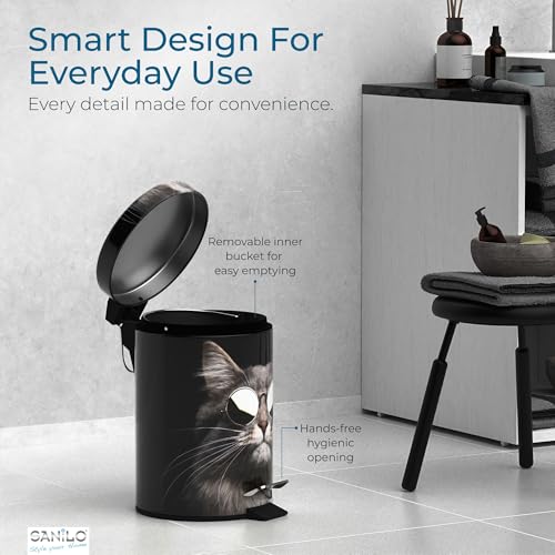 Sanilo Small Bathroom Trash Can with Lid [1.3 Gallon] - Lidded Tiny Trashcan for Garbage - Mini Metal Bin with Soft Closing Mechanism - Bath Room Accessoire Wastebin with Inner Bucket (Cool Cat) - color: Cool Cat