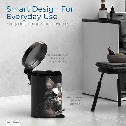 Sanilo Small Bathroom Trash Can with Lid [1.3 Gallon] - Lidded Tiny Trashcan for Garbage - Mini Metal Bin with Soft Closing Mechanism - Bath Room Accessoire Wastebin with Inner Bucket (Cool Cat) - color: Cool Cat