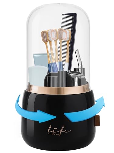 Covered Toothbrush Holder, 360° 7-Slot Rotating Draining Water, Black | Toothbrush Bathrooms Organizer with Cover for Kids Electric Tooth Brush, Toothpaste, Razors, Cosmetic Brushes - color: Black