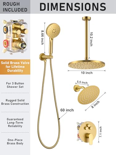 Woindo Shower Faucet Set 10" Rain Shower Head/8'' Side Shower Head and 3 Setting Handheld Ceiling Mount 3 Push Button Diverter Complete Rainfall Round Shower System Included Valve Trim Kit - color: Brushed Gold, style: 10"-R-Ceiling-02
