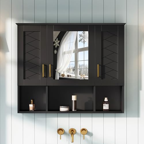 Marzzi Wall Mount Bathroom Medicine Cabinet with Mirror and Open Space | 35" x 28" Mirrored Door Over Toilet Vanity Storage Cabinet Organizer, Adjustable Shelves, Bathroom Wall Cabinet with Mirror - color: Black, size: 35"