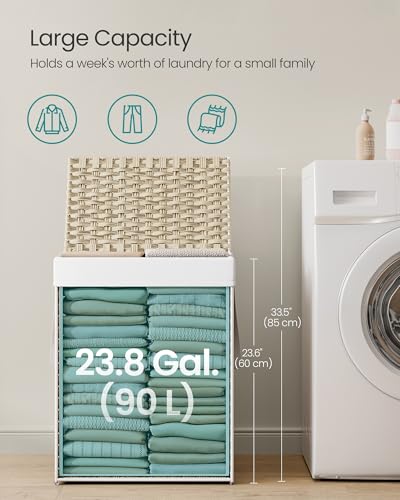 SONGMICS Laundry Hamper with Lid, 23.8 Gallon (90L) Synthetic Rattan Clothes Laundry Basket with Lid and Handles, Foldable, Removable Liner, Summer Sand ULCB051LZ01 - color: Summer Sand, size: 90 L