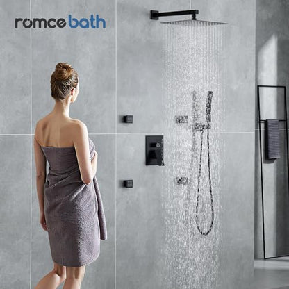 Rain Shower System With Complete 4 Pcs Body Sprays Jets And Pressured Balance Rough-in Valve,12Inch Rainfall Shower Head And Handheld, Modern Matte Black Wall Mount Shower Faucets Sets - color: Matte Black, style: Wall-Mounted 4 Jets