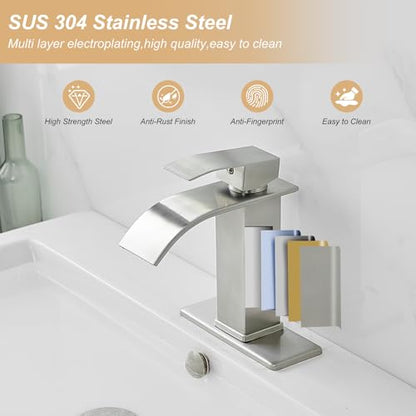 Bathroom Sink Faucet Waterfall Single Handle with Deck Plate | Brushed Nickel,Pop Up Drain,Single Hole,Precise Water Adjustment,Rust-resistant Construction,Easy to Clean,Long-lasting Use - color: Brushed Nickel, size: Modern Bathroom Sink Faucet