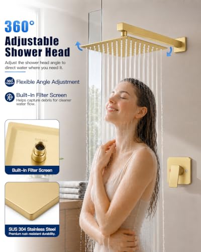 Heyalan 10 Inch Square Rain Shower Faucet Set with Valve, Brushed Gold | Female-thread 1/2-inch NPT connections, SUS304 shower head, brass rough-in valve, single-handle control Shower Set - color: Gold, size: 10 Inch Square Shower Head