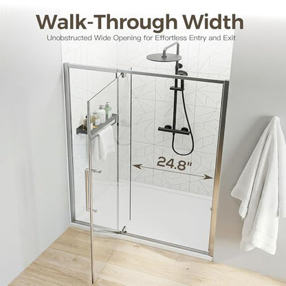 56-60" W x 72" H Pivot Shower Doors, Semi-Frameless Swing Water Repellent Glass Shower Doors with 1/4" (6mm) Clear SGCC Tempered Glass, Chrome Finish, Reversible Installation, Magnetic Closing | 1/4" (6mm) Clear SGCC Tempered Glass with a 24.8" walk-in op