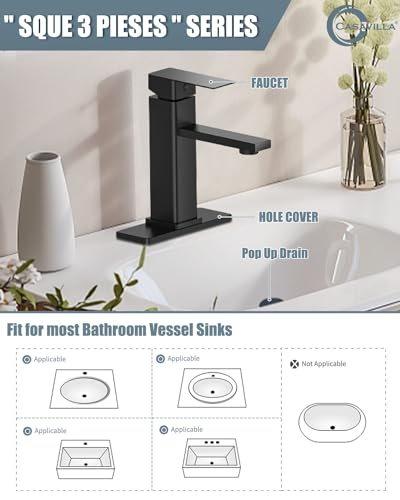 Bathroom Faucet Set with Pop Up Drain, Single Handle Black Bathroom Sink Faucet with Deck Plate, Farmhouse RV Vanity Faucets for Sink (1 Hole or 3 Holes) - color: 1.Matte Black, style: Short