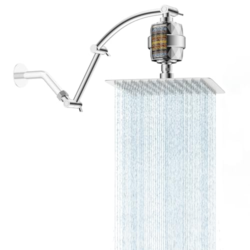 Hibbent 10'' Filtered Rain Shower Head with 16'' Extension Arm, Chrome | High Pressure Rainfall Showerhead, Brass Adjustable Shower Head Extension Arm, 20 Stage Shower Filter, Fixed Showerheads - color: Chrome, style: Square 10'' with Filter