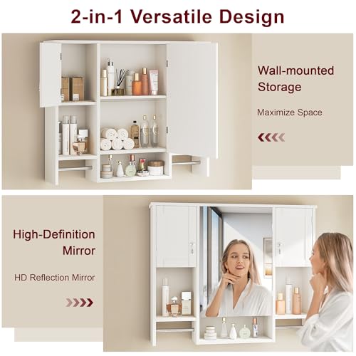 VECELO Large Bathroom Wall Cabinet with Mirror, Wall Mounted Medicine Cabinet with Open Shelves, 2 Towel Bars for Bathroom Laundry Room Kitchen, 35.04" L x 7.09" W x 28.94" H