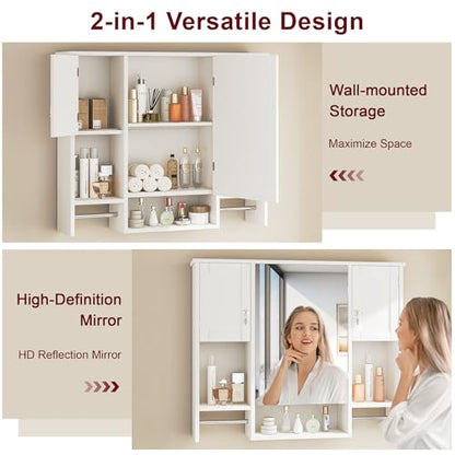 VECELO Large Bathroom Wall Cabinet with Mirror, Wall Mounted Medicine Cabinet with Open Shelves, 2 Towel Bars for Bathroom Laundry Room Kitchen, 35.04" L x 7.09" W x 28.94" H