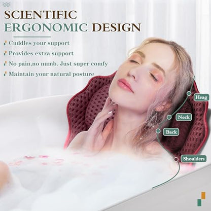 Bath Pillow RUVINCE Ergonomic Luxury Bathtub Pillow with Head,Neck, Shoulder and Back Support, 4D Bath Pillows for tub with 6 Powerful Suction Cups, Fits All Bathtub, Spa Tub, Hot Jacuzzi (Dark red) - color: Dark Red