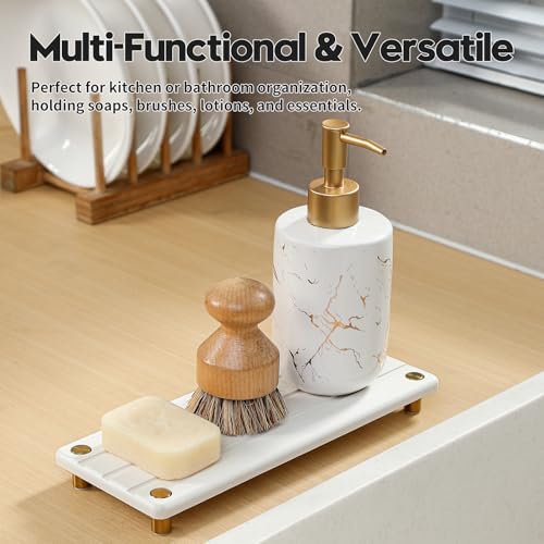 Instant Dry Sink Caddy Kitchen Sink Organizer, Quick Drying Diatomaceous Earth Stone Sink Tray Sponge Holder Soap Dish, Bathroom Countertop Vanity Dispenser Toothbrush, Gold White, 10" x 4" - color: 1. Gold - White, size: 10" x 4" x 1"