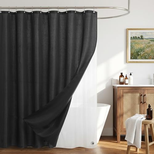 Siiluminisoy Shower Curtain and Liner Set, Waffle Shower Curtain Set with 12 Stainless Steel Hooks, Waterproof Luxury Fabric Shower Curtains for Bathroom and Hotel, Black, 72" W x 72" H - color: Black, size: 72"W x 72"L (Pack of 1)