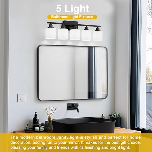 5-Light Bathroom Light Fixtures Over Mirror, Matte Black Vanity Lights, Modern Bathroom Vanity Light, Glass Shade & Anti-Rust Nickel Finished, Bathroom Light for Small Space - color: Black-5 Light