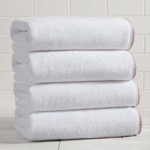 Great Bay Home White/Rosewood Bath Towel Set - Ultra-Soft Cotton, Boho-Chic Border Design - 4 Bath Towels (54" x 30") - Absorbent, Quick-Dry, Lightweight Bathroom Towels - color: White / Rosewood, size: Bath Towel (Pack of 4)