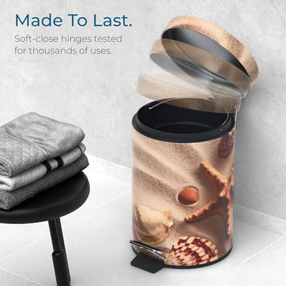 Sanilo Small Bathroom Trash Can with Lid [1.3 Gallon] - Lidded Tiny Trashcan for Garbage - Mini Metal Bin with Soft Closing Mechanism - Bath Room Accessoire Wastebin with Inner Bucket (Sanibel) - color: Sanibel