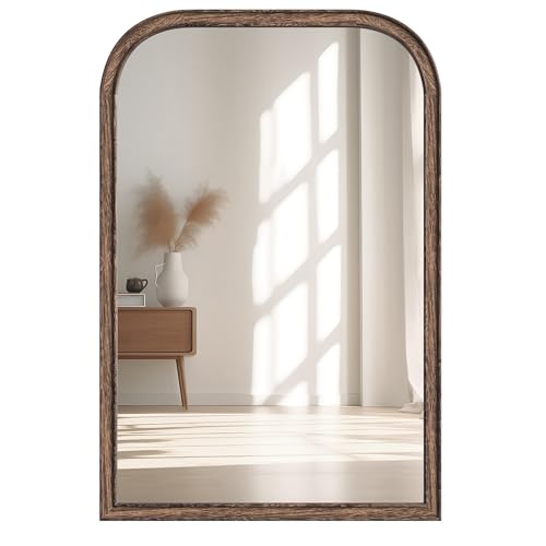 Acovy 20"x30" Solid Wood Bathroom Mirror Arch Tempered Glass for Wall Mounted, Rustic Wood Frame Wall Mirror Decorative for Living Room Bedroom Vanity Mirror Entryway Mirror, Rustic Brown - color: Rustic Brown-a, size: 30"L x 20"W