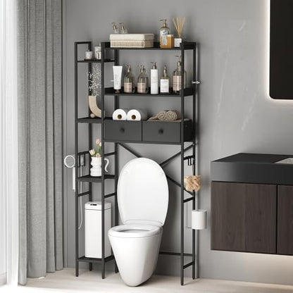 Over The Toilet Storage with 2 Drawers - 7 Tier Bathroom Organizer with Adjustable Shelf, Freestanding Space Saver Storage Rack Above Toilet Stand with Hooks for Small Restroom, Laundry(Black) - size: 7 Tier-Black