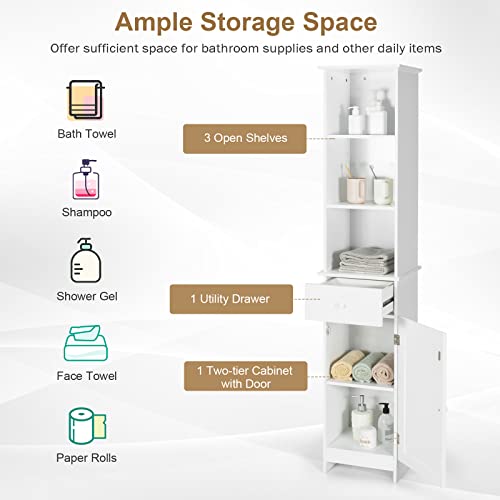 Tangkula Tall Bathroom Cabinet, Slim Storage Cabinet with 3 Tier Shelf, Drawer & Enclosed Narrow Floor Linen Tower Adjustable Shelves for Living Room, 13.5 x 12 64.5 Inches White