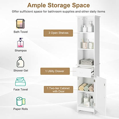 Tangkula Tall Bathroom Cabinet, Slim Storage Cabinet with 3 Tier Shelf, Drawer & Enclosed Narrow Floor Linen Tower Adjustable Shelves for Living Room, 13.5 x 12 64.5 Inches White