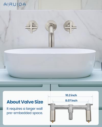 Airuida Solid Brass Brushed Nickel Wall Mount Bathroom Faucet | 360° Swivel Spout,Rough in Valve,2 Cross Handle,3 Hole,Widespread - color: Brushed Nickel