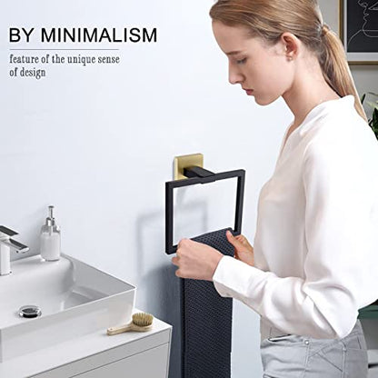 TQKAG Black and Gold Towel Ring, Bathroom Hand Towel Holder, Wall Mount | 5.5 Inch, Square Towel Ring, SUS304 Stainless Steel, Easy Installation, Bathroom Kitchen Entryway Vanity Sink - color: Black+gold