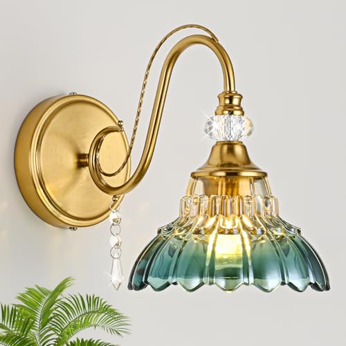 1 Piece Vintage Wall Sconce, 1-Light Brushed Gold Finish Wall Sconce with Hanging Crystal Accents and Flower-Shaped Teal Shades for Bathroom Bedroom Living Room,Vintage Vanity Light - color: Gold and Teal, size: 1-Light