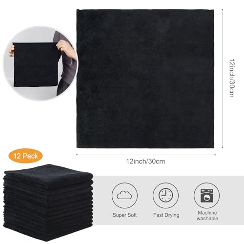 Microfiber Cleaning Cloth Kitchen Dish Cloths 12x12in 12 Pack Black | Absorbent, No Streak, Dish Rags, Glass Cleaning Cloths - color: Black