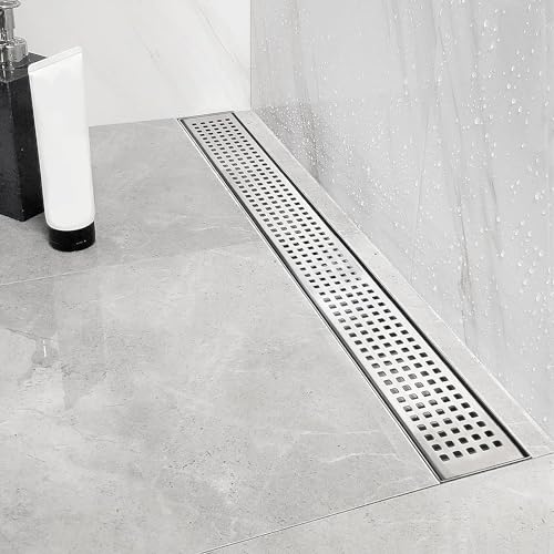 Neodrain 24-Inch Brushed Linear Shower Drain with Quadrato Pattern Grate | 304 Stainless Steel Linear Drain,Rectangle Shower Floor Drain with Hair Strainer, shower drain base ,Fits Bathroom, Balcony - color: Brushed, size: 24 In