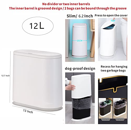 White Slim Bathroom Trash Can with Press Top Lid,12 Liter Small Thin Garbage Can,3.17 Gallon Narrow Dog Proof Plastic Waste Basket and Covered Wastebasket for Room,Bedroom,Kitchen,Toilet,Office,Dorm - color: White