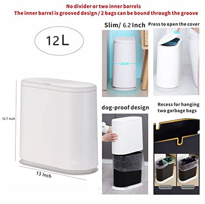 White Slim Bathroom Trash Can with Press Top Lid,12 Liter Small Thin Garbage Can,3.17 Gallon Narrow Dog Proof Plastic Waste Basket and Covered Wastebasket for Room,Bedroom,Kitchen,Toilet,Office,Dorm - color: White