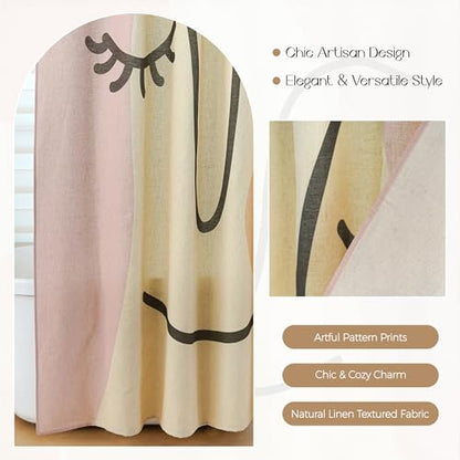 Gentle Smiling Face Linen Shower Curtain Set with Liner,72" Wx72 L | Double Layer Shower Curtain Waterproof Fabric with Zippered Removable PEVA Liner,Boho Shower Curtain for Bathroom,Free Hooks - color: Abstract Face