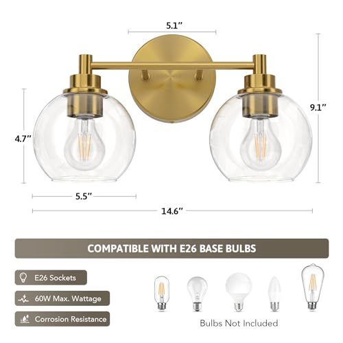 VONLUCE 2 Light Bathroom Vanity Light Fixtures, Gold Finish | Globe Glass Shades, E26 Sockets, Easy to install, Vanity Lights for Bedroom Hallway Living Room - color: Gold, size: 2-Light