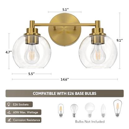VONLUCE 2 Light Bathroom Vanity Light Fixtures, Gold Finish | Globe Glass Shades, E26 Sockets, Easy to install, Vanity Lights for Bedroom Hallway Living Room - color: Gold, size: 2-Light
