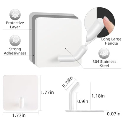 Adhesive Towel Hooks Heavy Duty Stick on Towel Holder Wall Hangers Waterproof Stainless Steel Sticky Hooks for Hanging White Bathroom Kitchen Home-4 Packs - color: White